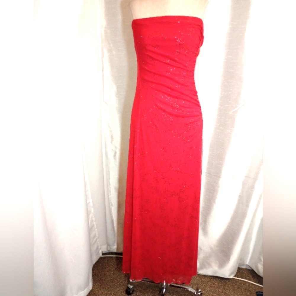 Finesse Vintage Sheath SPARKLE Dress Strapless, Leg Slit, Pleats, Long, Red, S/M